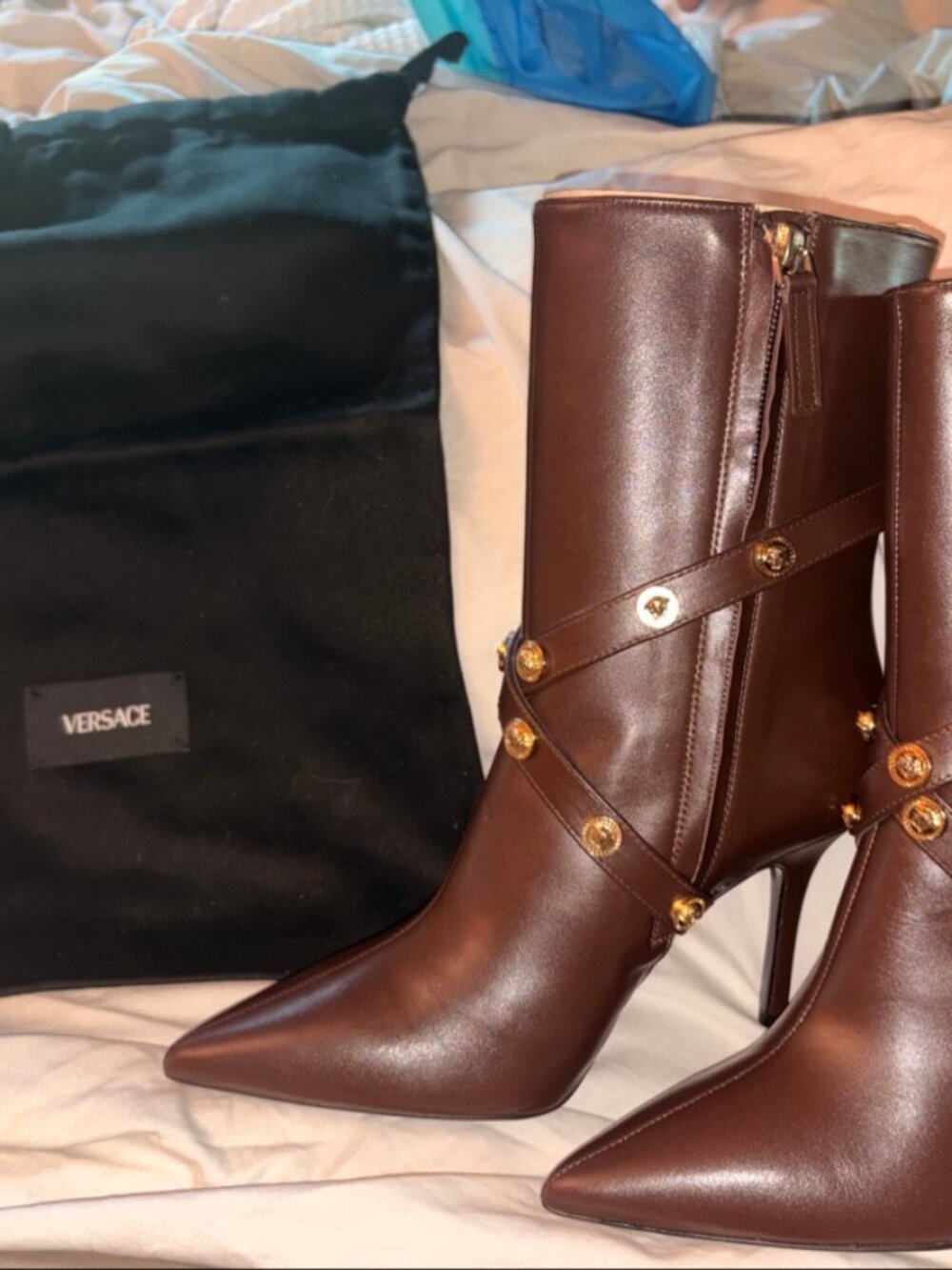 Versace Medusa Studded Leather Ankle Boots 90mm Chocolate Brown Gold EU 36